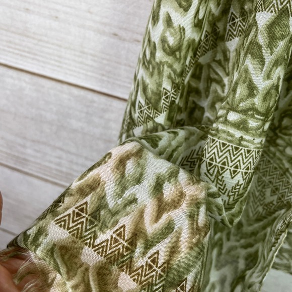 Funky Monkey Olive Green Ikat Print Viscose Shawl Wrap with Fringe 72x38 - Picture 4 of 7